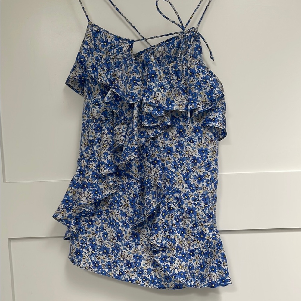 Floral Blue Ruffle Silk Top spaghetti Straps